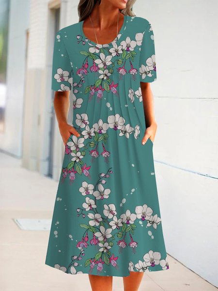 

Casual Crew Neck Floral Short Sleeve Woven Dress, Green, Midi Dresses