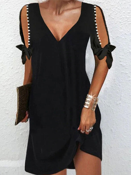 

Plain V neck Casual Short Sleeve Knit Dress, Black, Mini Dresses