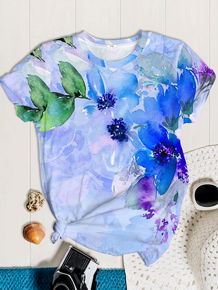 

Watercolor Blue Floral Print Crew Neck T-Shirt Ombre Short Sleeve T-Shirt, Tops