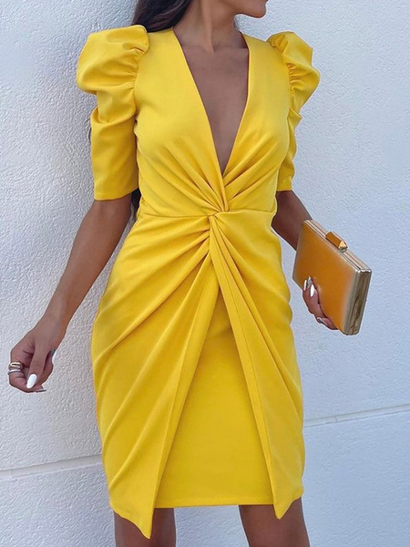 

Summer V neck Lightweight Plain Elegant Short Sleeve Knit Dress, Yellow, Mini Dresses