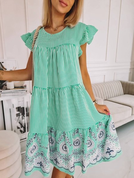 

Striped Round Neck Casual Short Sleeve Dress, Green, Mini Dresses