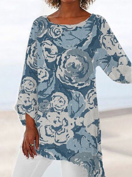 

Loosen Vacation Floral Three Quarter Tops, Blue, Shirts & Blouses