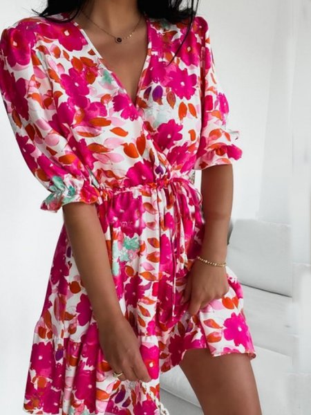 

Elegant V Neck Puff Sleeve Regular Fit Short Sleeve Woven Dress, Rose red, Mini Dresses