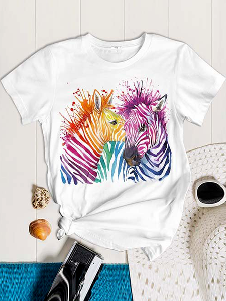 

Simple Crew Neck T-Shirt with Colorful Watercolor Zebra Pattern Casual Crew Neck Loosen Short Sleeve T-Shirt, White, T-Shirts