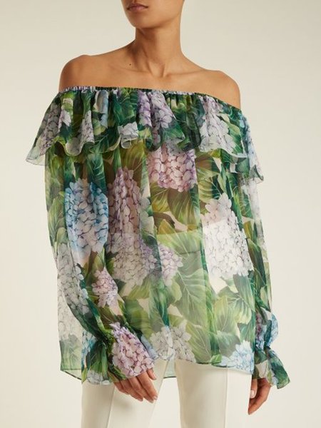 

Regular Fit Floral Vacation Long Sleeve Top, Green, Tops