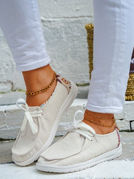 Casual Lightweight Canvas Lace Up Flats, White, Flats