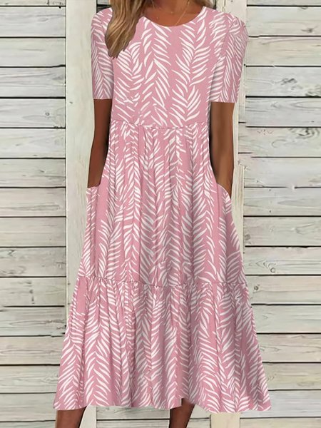 

Casual Leaves Short Sleeve Woven Dress, Pink, Midi Dresses