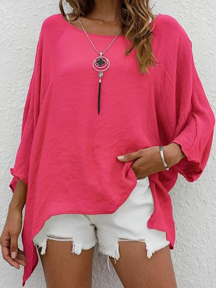 

Slub Loose Cotton Linen Blouse Loosen Casual Long Sleeve Tops, Rose red, Shirts & Blouses