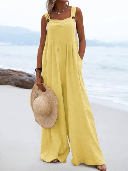 

Plain Casual Buttoned Jumpsuits, Yellow, Jumpsuits