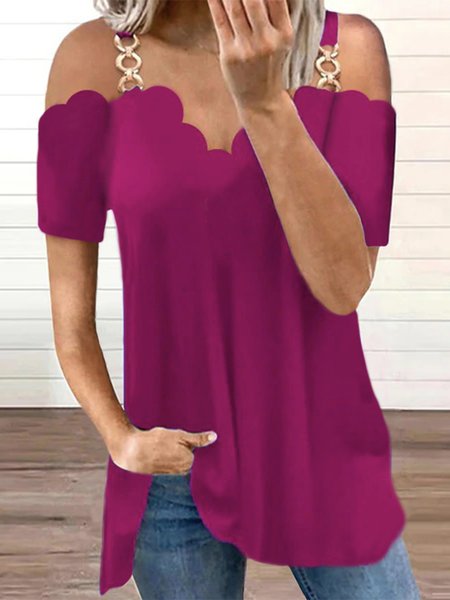

Plain Short Sleeve V Neck Plus Size Casual T-Shirt, Rose red, T-Shirts