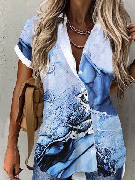 Tie Dye Casual Shirt Collar Short Sleeve Blouse, Blue, Blouses & Shirts