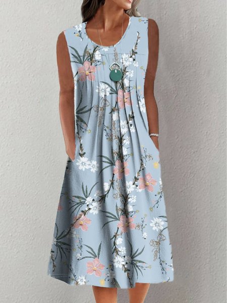 Floral Round Neck Casual Sleeveless Dresses, Blue, Midi Dresses
