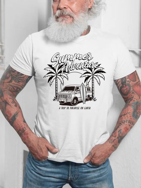 

Short Sleeve Cotton Crew Neck Coconut Tree Short Sleeve T-Shirt, White, T-shirt