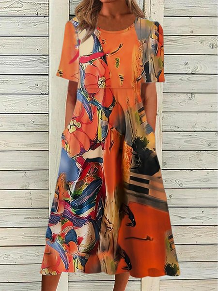 

Floral Short Sleeve Round Neck Plus Size Printed Dress, Orange, Midi Dresses