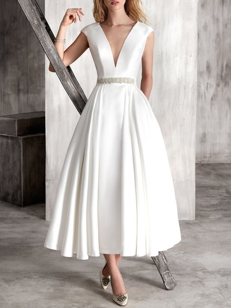 

Elegant Formal V Neck Solid Cap Sleeve Dress, White, Maxi Dresses