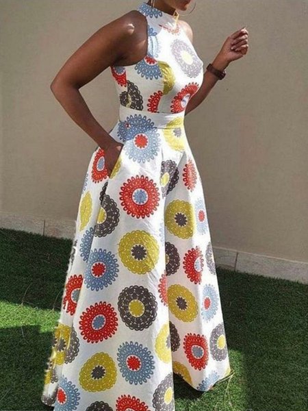 

Long Daily Stand Collar Sleeveless Woven Dress, White, Maxi Dresses