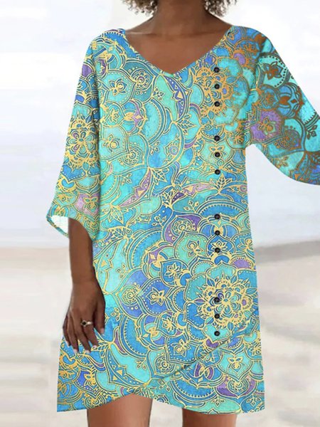

Tribal Floral Printed V Neck 3/4 Sleeve Plus Size Casual Dresses, Cyan, Mini Dresses