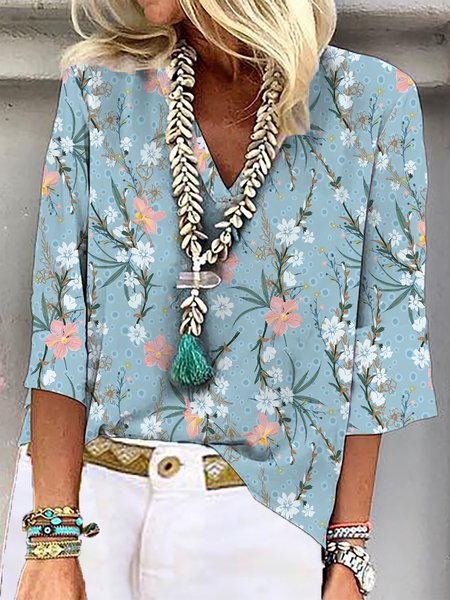 

Floral Three Quarter V Neck Plus Size Printed Tops, Blue, Tops
