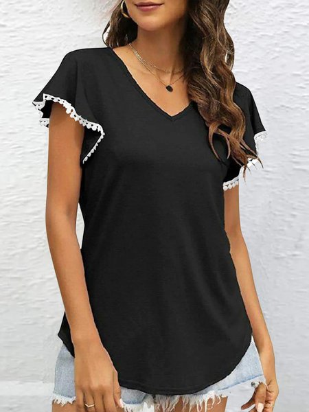 

Lace V Neck Casual Short Sleeve T-Shirt, Black, Shirts & Blouses