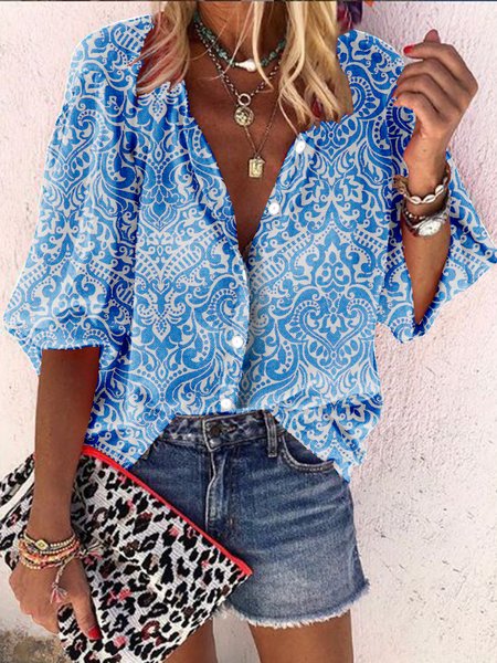 

Casual Buttoned Mid Sleeve Blouse, Blue, Blouses & Shirts