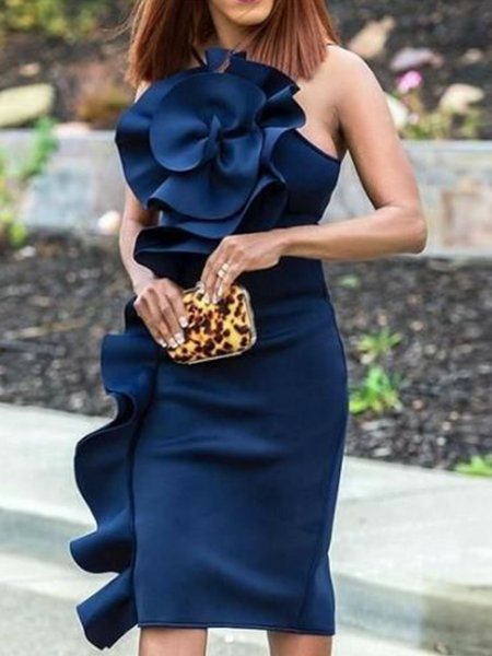 

Elegant Halter Sleeveless Woven Dress, Blue, Midi Dresses