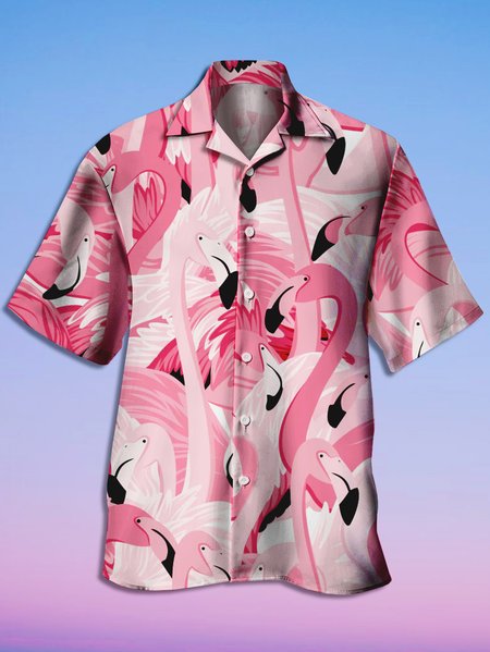 

Mens Funky Hawaiian Flamingo Print Casual Breathable Short Sleeve Aloha Shirt, Pink, Men's Floral shirt