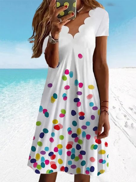 

Casual Polka Dots Short Sleeve Knit Dress, White, Mini Dresses