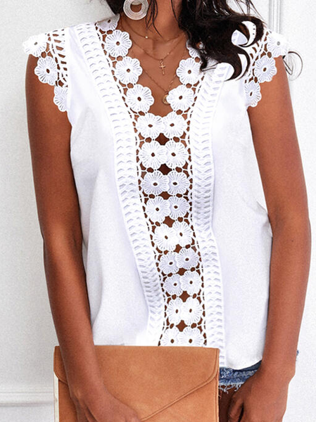 

Hollow lace stitching sexy casual vest Plain Loosen V Neck Woven, White, Tank Tops & Camis