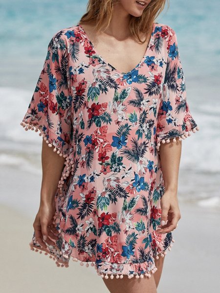 

Floral V Neck Tassel Short Sleeve Plus Size Casual Dress, Pink, Mini Dresses