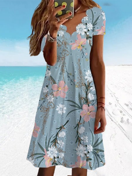 

Casual V Neck Floral Short Sleeve Knit Dress, Blue, Mini Dresses