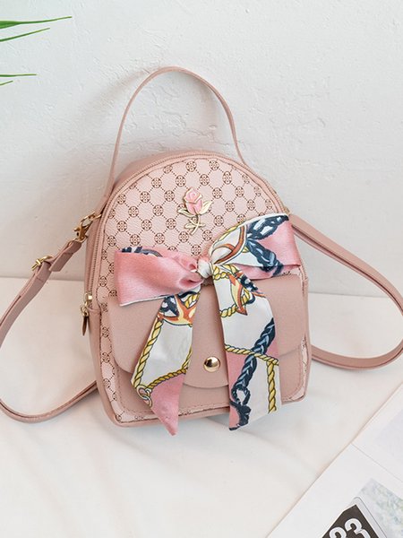 

JFN Geometric Pattern Patchwork Scarf Bow Zipper Magnetic Buckle Large Capacity Backpack, Pink, Women's Bags