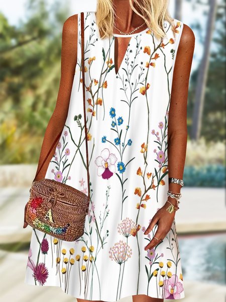 

Loosen Floral Casual Short Sleeve Knit Dress, White, Mini Dresses
