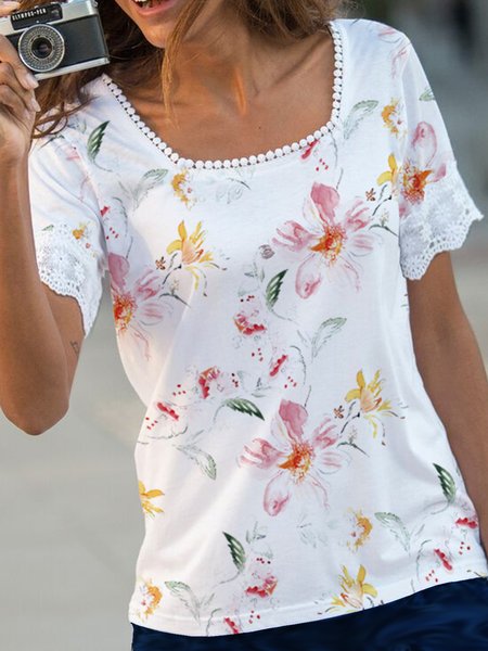 

Casual Floral Lace Short Sleeve T-Shirt, White, T-Shirts