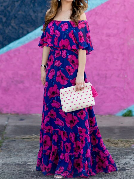 

Regular Fit Floral Boat Neck Short Sleeve Woven Dress, Rose red, Maxi Dresses