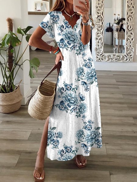 

Floral Short Sleeve V Neck Plus Size Printed Dress, Blue, Maxi Dresses