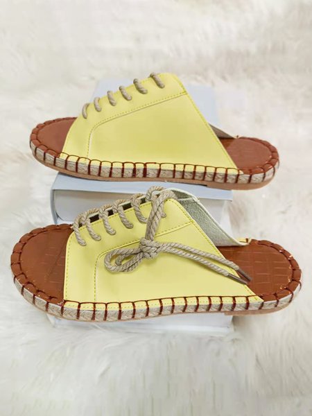 

JFN Zebra Print Straw Bottom Casual Lace-Up Slippers, Yellow, Women Shoes>>Women's Shoes>>Women sandals Slippers