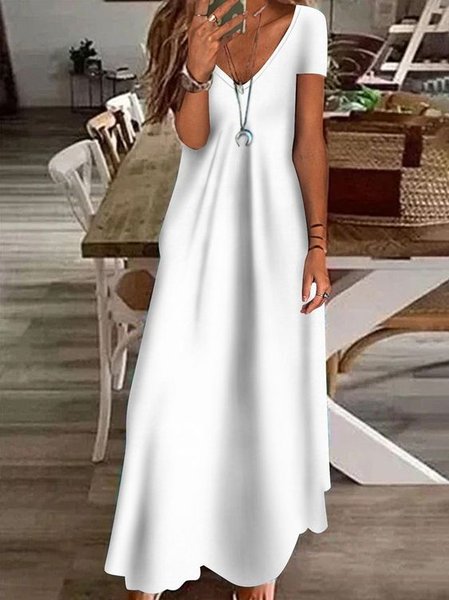 

Vacation V Neck Short Sleeve Knit Dress, White, Maxi Dresses