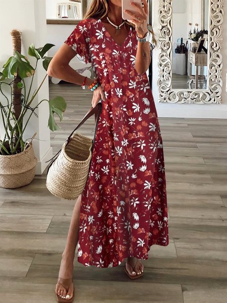 

Casual Printed Short Sleeve Knit Dress, Red, Maxi Dresses