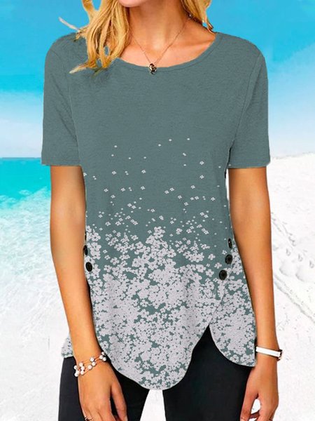 

Floral Casual Loosen Crew Neck Short Sleeve Tops, Green, Shirts & Blouses