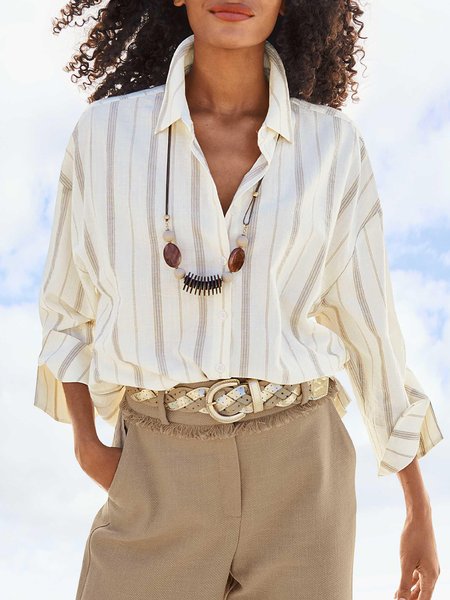 

Casual Shirt Collar Long Sleeve Blouse, Beige, Blouses and Shirts