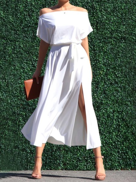 

Plain Off The Shoulder Short Sleeve Knit Dress, White, Maxi Dresses