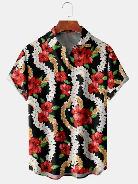 

Holiday Style Hawaiian Series Plant Flower Leaf Element Lapel Short-Sleeved Chest Pocket Shirt Printed Top, Black, Men's t-shirts