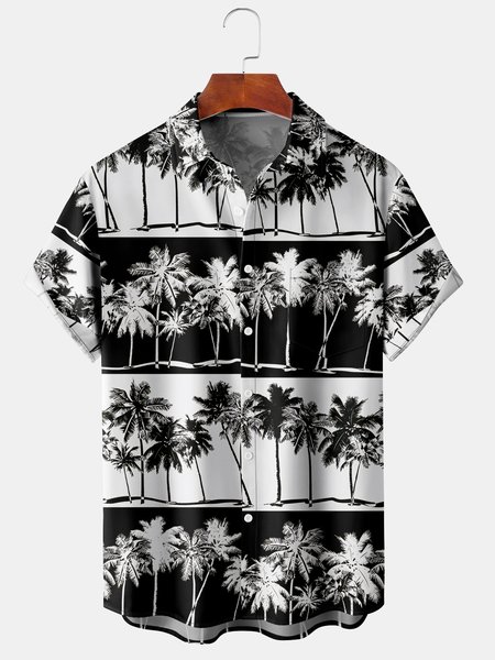 

Men's Coconut Tree Print Casual Breathable Hawaiian Short Sleeve Shirt, Black-white, Men's Floral shirt