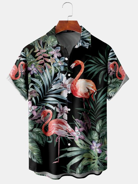 

Men's Flamingo Print Casual Breathable Hawaiian Short Sleeve Shirt, Black, Men's Floral shirt