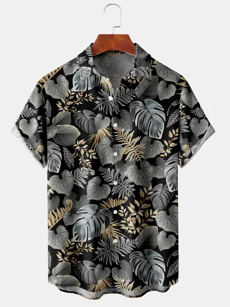 

Men's Palm Leaf Print Casual Breathable Hawaiian Short Sleeve Shirt, Black, Men's Floral shirt
