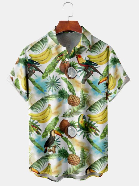 

Men's Parrot Fruit Print Casual Breathable Hawaiian Short Sleeve Shirt, Green, Men's Floral shirt