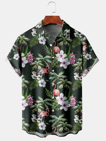 

Men's Flamingo Tropical Plant Print Casual Breathable Hawaiian Short Sleeve Shirt, Green, Men's Floral shirt