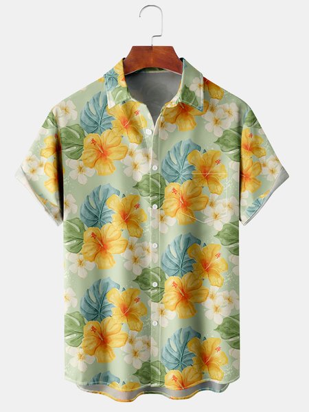 

Men's Hibiscus Print Casual Breathable Hawaiian Short Sleeve Shirt, Yellow, Men's Floral shirt