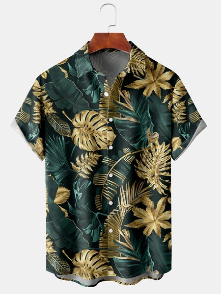 

Men's Palm Leaf Print Casual Breathable Hawaiian Short Sleeve Shirt, Dark green, Men's Floral shirt
