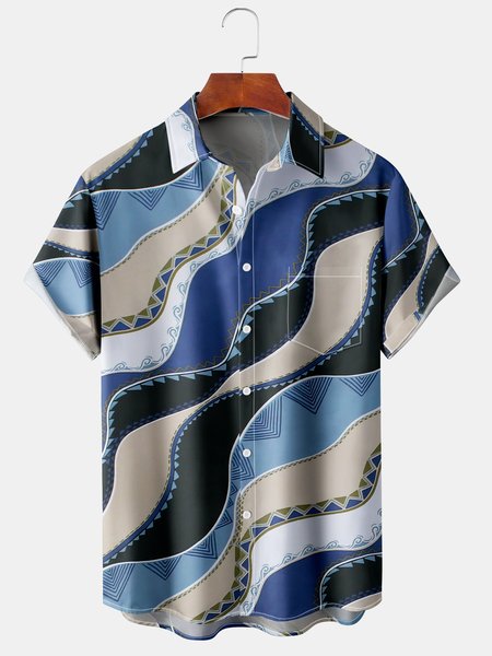 

Casual Art Collection Striped Geometric Color Block Pattern Lapel Short Sleeve Shirt Print Top, Blue, Men's Floral shirt